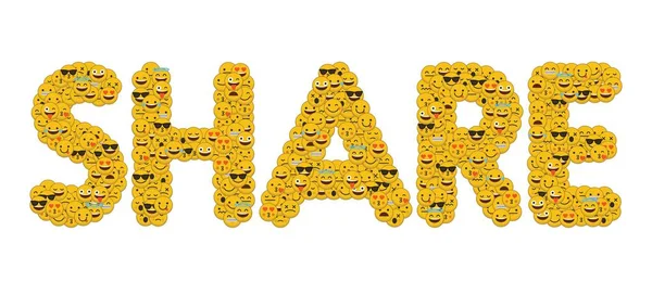 La palabra compartir escrito en las redes sociales emoji sonrientes personajes — Foto de Stock