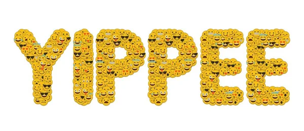 A palavra yippee escrito em emoji de mídia social personagens sorridentes — Fotografia de Stock