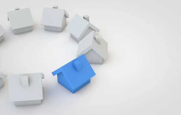 Housing concept. Blue home stands out from others. 3D Rendering — Stock Photo, Image