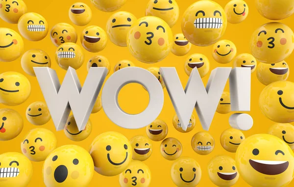 Wow kelime ile Emoji ifade karakter yüzleri seti, 3D rend — Stok fotoğraf