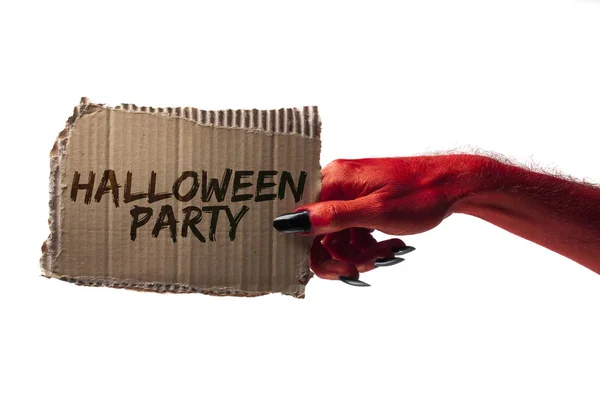 Festa di Halloween. diavolo rosso o mano mostro zombie in possesso di un hal — Foto Stock