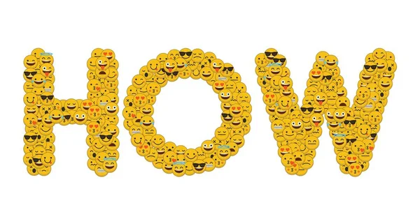 Η λέξη πώς γραμμένο στα κοινωνικά πολυμέσα emoji χαρακτήρες χαμογελαστές — Φωτογραφία Αρχείου