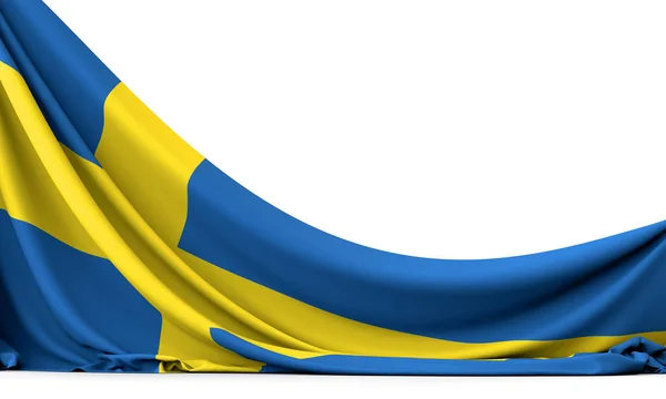 Sveriges nationella flagga hängande tyg banner. 3D-rendering — Stockfoto