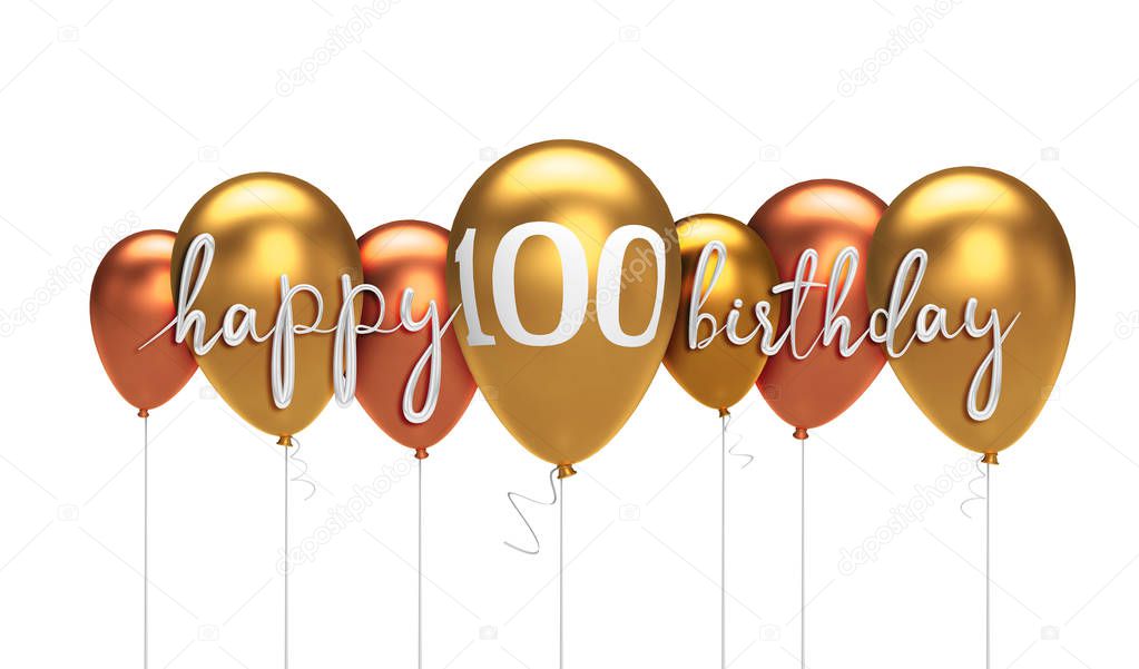 Happy 100th birthday gold balloon greeting background. 3D Render
