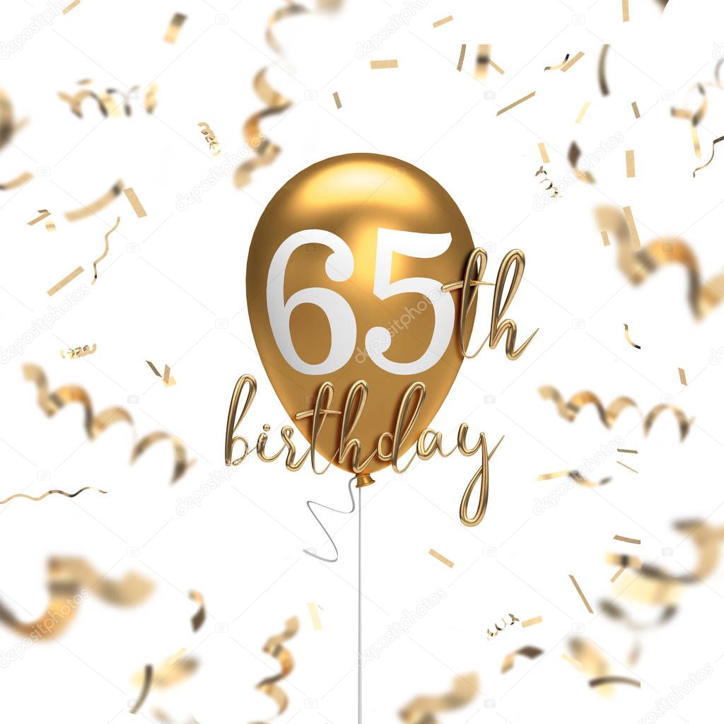 Happy 65th birthday gold balloon greeting background. 3D Renderi