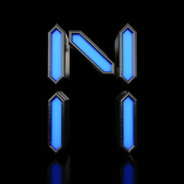 Letter N futuristische blauwe neon LED digitale lettertype. 3D-rendering — Stockfoto