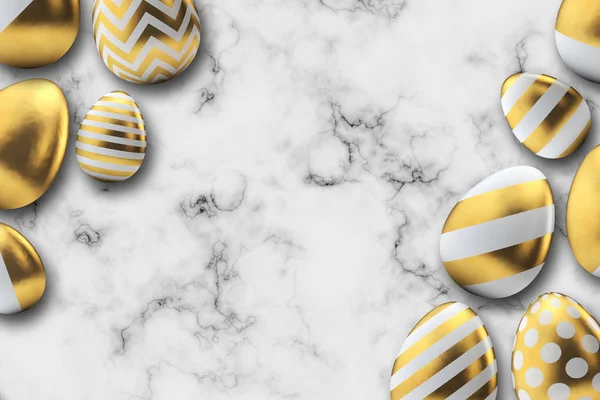 Uova di Pasqua modello oro su uno sfondo di marmo. Rendering 3D — Foto Stock