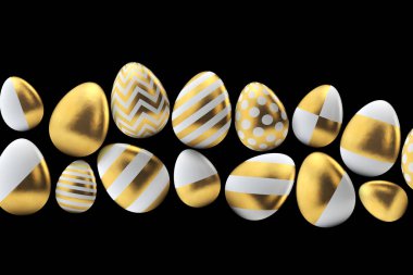Altın desen lise paskalya yumurtaları siyah bir arka plan üzerinde. 3d Rendering