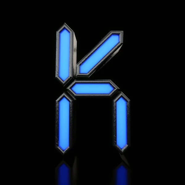 Γράμμα K φουτουριστική μπλε φωτεινή ψηφιακή γραμματοσειρά. Απόδοση 3D — Φωτογραφία Αρχείου
