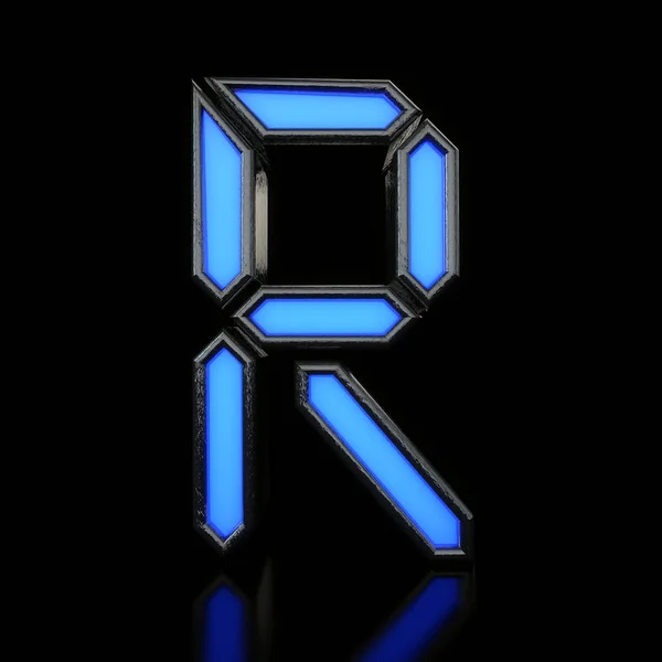 Letter R futuristische blauwe neon LED digitale lettertype. 3D-rendering — Stockfoto