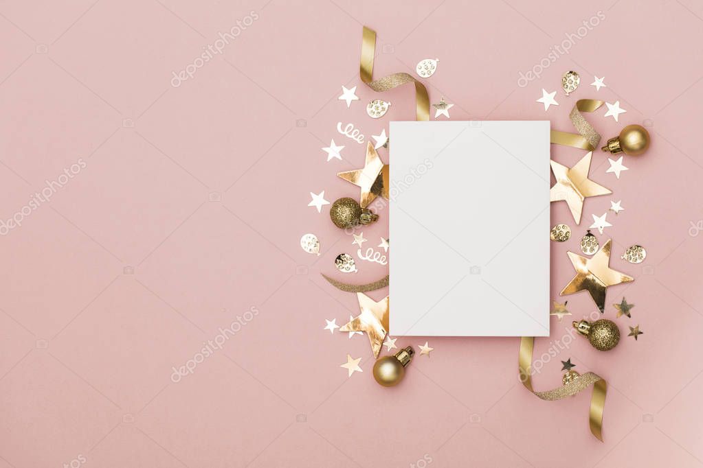 Flat lay party decoration concept on pastel pink background with