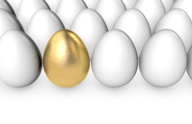 Altın yumurta beyaz yumurtalar arasında duruyor. 3d Rendering