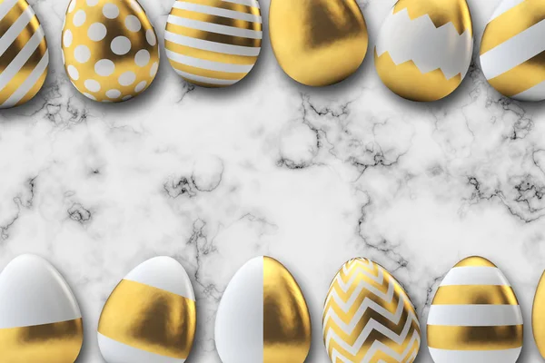Oeufs de Pâques motif or sur un fond de marbre. Rendu 3D — Photo