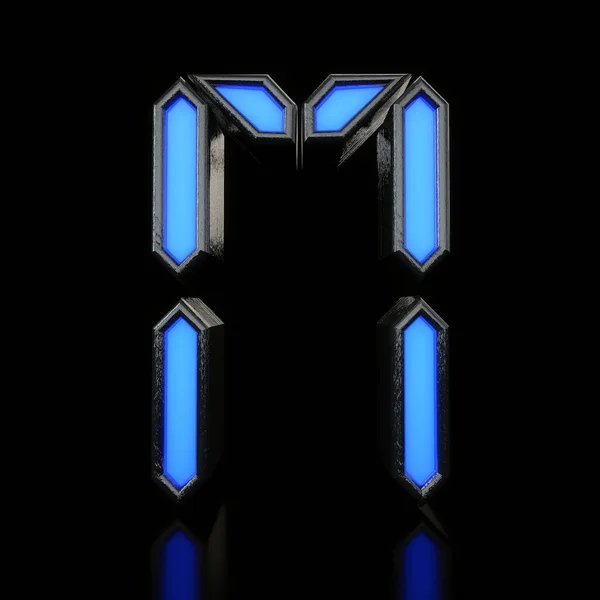 Bokstaven M futuristisk blå Neon LED Digital Font. 3D-rendering — Stockfoto