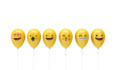 1 numaralı sarı doğum günü emojisi balonlara bakıyor. 3d Render