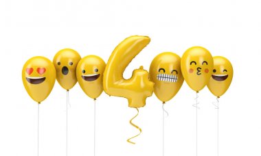 4 numaralı sarı doğum günü emojisi balonlara bakıyor. 3d Render