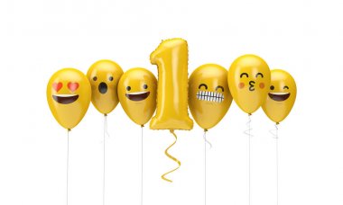 1 numaralı sarı doğum günü emojisi balonlara bakıyor. 3d Render