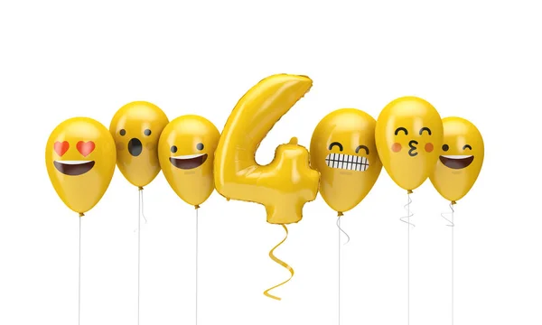 Numer 4 żółte urodziny emoji twarze balony. Renderowanie 3D — Zdjęcie stockowe