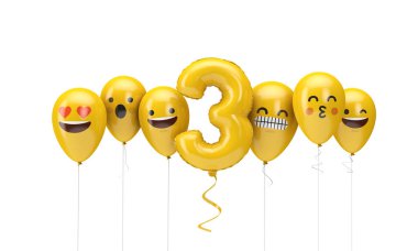 3 numaralı sarı doğum günü emojisi balonlara bakıyor. 3d Render