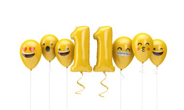 11 numaralı sarı doğum günü emojisi balonlara bakıyor. 3d Render
