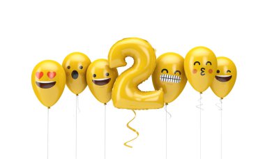 2 numaralı sarı doğum günü emojisi balonlara bakıyor. 3d Render