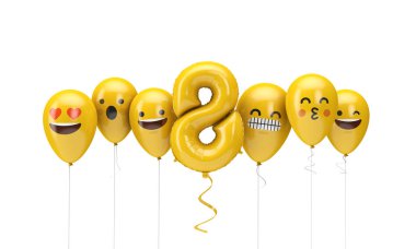 8 numaralı sarı doğum günü emojisi balonlara bakıyor. 3d Render