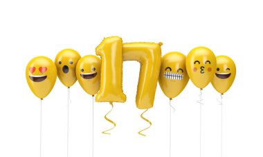 17 numaralı sarı doğum günü emojisi balonlara bakıyor. 3d Render