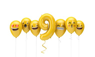 9 numaralı sarı doğum günü emojisi balonlara bakıyor. 3d Render