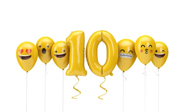 Numéro 10 jaune emoji anniversaire visages ballons. Expéditeur 3D — Photo