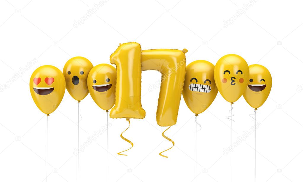 Number 17 yellow birthday emoji faces balloons. 3D Render