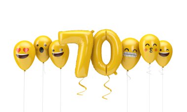70 numaralı sarı doğum günü emojisi balonlara bakıyor. 3d Render