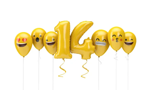 Το νούμερο 14 κίτρινα γενέθλια emoji βλέπει μπαλόνια. Απόδοση 3D — Φωτογραφία Αρχείου