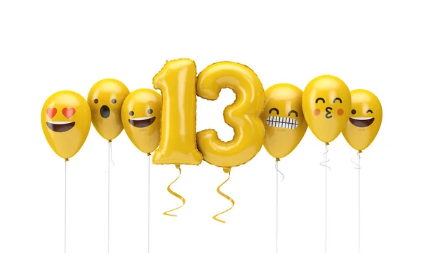 Emoji nomor 13 ulang tahun kuning menghadapi balon. Perender 3D — Stok Foto