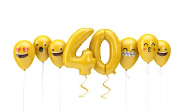 40 numaralı sarı doğum günü emojisi balonlara bakıyor. 3d Render