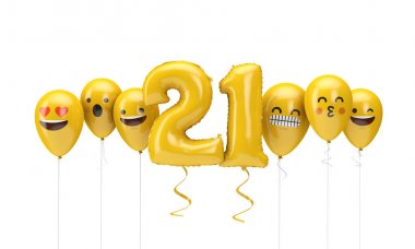 21 numaralı sarı doğum günü emojisi balonlara bakıyor. 3d Render