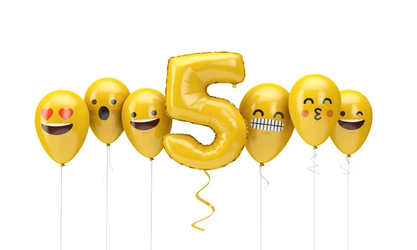 Το νούμερο 5 κίτρινα γενέθλια emoji βλέπει μπαλόνια. Απόδοση 3D — Φωτογραφία Αρχείου