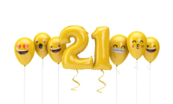 Numer 21 żółte urodziny emoji twarze balony. Renderowanie 3D — Zdjęcie stockowe