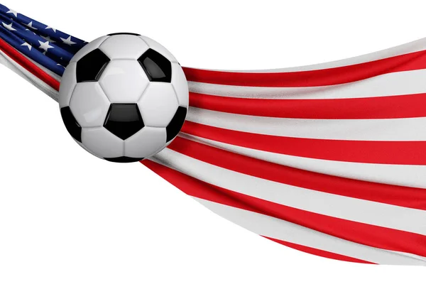 Die Nationalflagge der Vereinigten Staaten mit einem Fußball. Fußball — Stockfoto