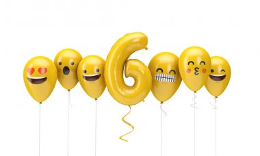 6 numaralı sarı doğum günü emojisi balonlara bakıyor. 3d Render