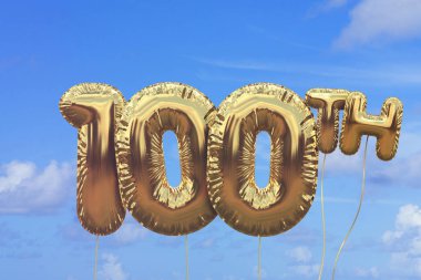 Gold number 100 foil birthday balloon against a bright blue summ clipart