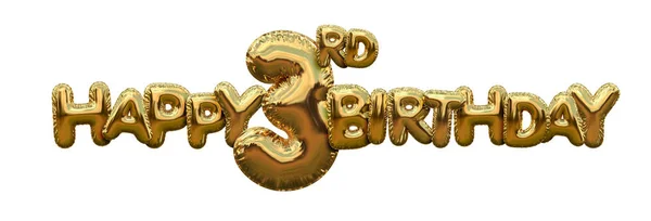 Happy 3rd birthday gold foil balloon greeting background. 3D Ren — Stock Photo, Image