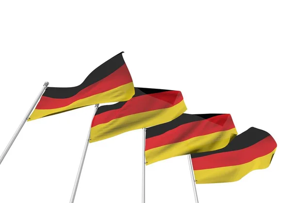 Deutschland-Fahnen in einer Reihe vor weißem Hintergrund. 3D-Darstellung — Stockfoto