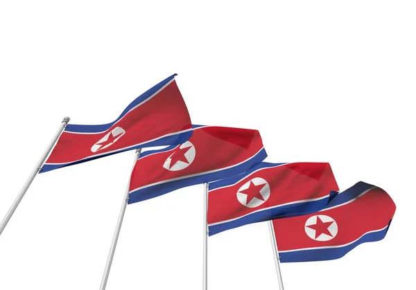 Nordkoreanische Flaggen in einer Reihe vor weißem Hintergrund. 3D-Darstellung — Stockfoto