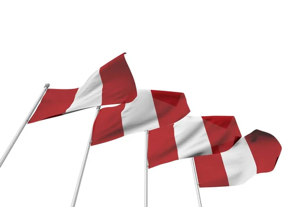 Peru vlajky v řadě s bílým pozadím. prostorové vykreslování — Stock fotografie