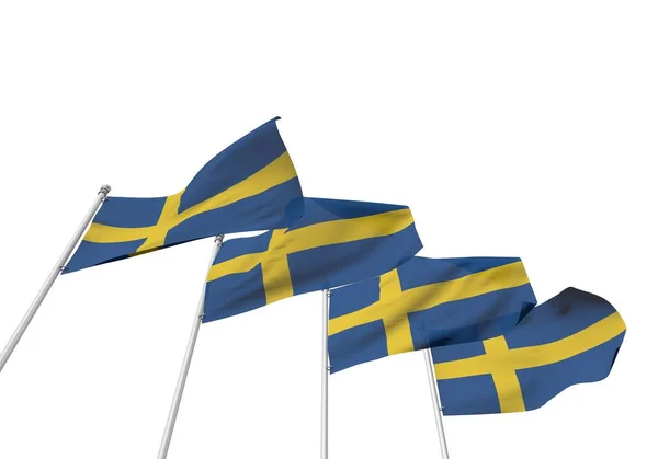 Sverige flaggar i en rad med vit bakgrund. 3D-rendering — Stockfoto