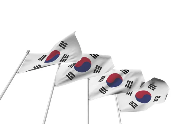 Dél-Korea zászlókat egy sorban, fehér háttérrel. 3D renderelés — Stock Fotó