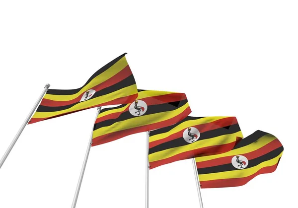 Uganda flagi w rzędzie z białym tłem. Renderowanie 3D — Zdjęcie stockowe