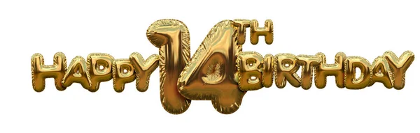 Happy 14th birthday gold foil balloon greeting background. 3D Re — Stock Photo, Image