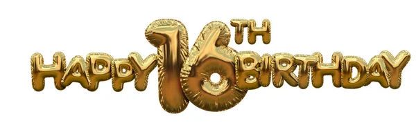 Happy 16th birthday gold foil balloon greeting background. 3D Re — Stock Photo, Image