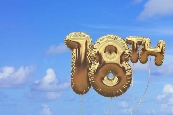 Gold number 18 foil birthday balloon against a bright blue summe — Stock Photo, Image
